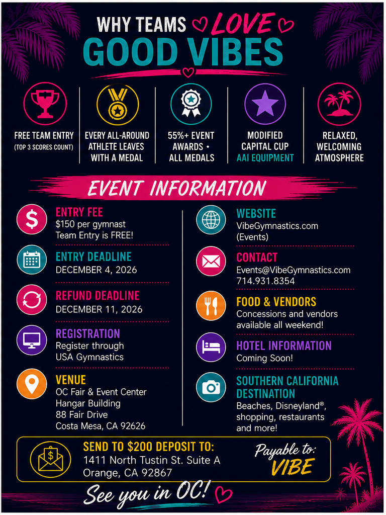 Good Vibes gymnastics team competition event flyer