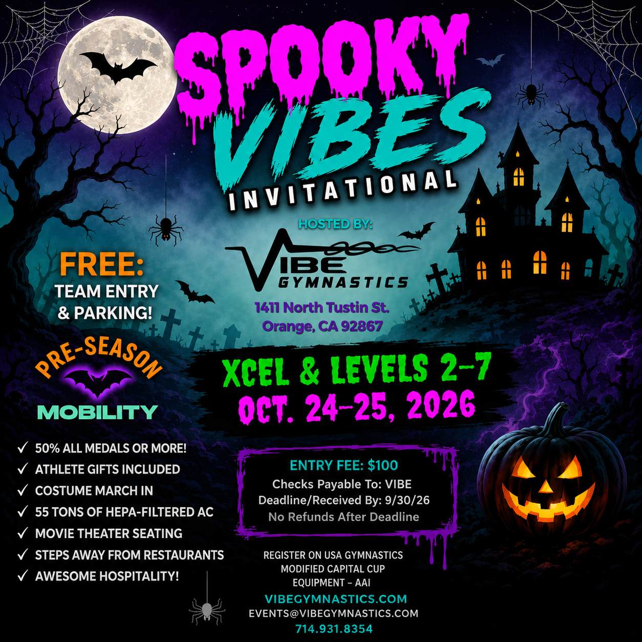 Spooky Vibes Invitational Halloween gymnastics poster